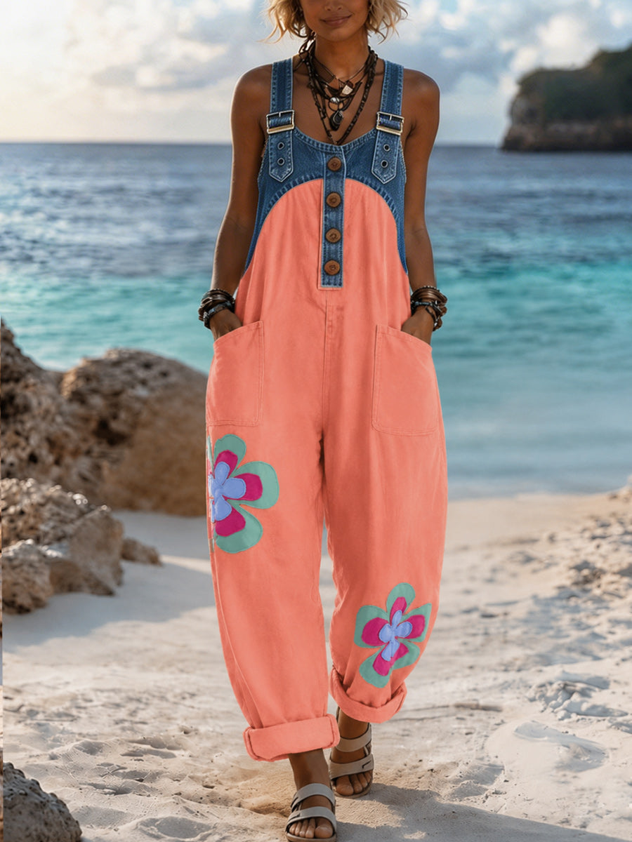 Women's Retro Style Art Print Washed Cotton Denim Patchwork Jumpsuit